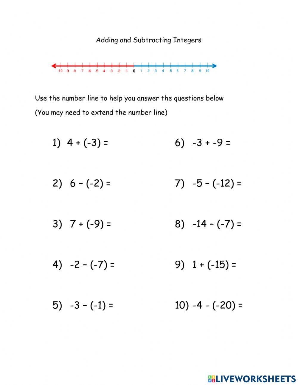 Adding And Subtracting Directed Numbers Worksheet