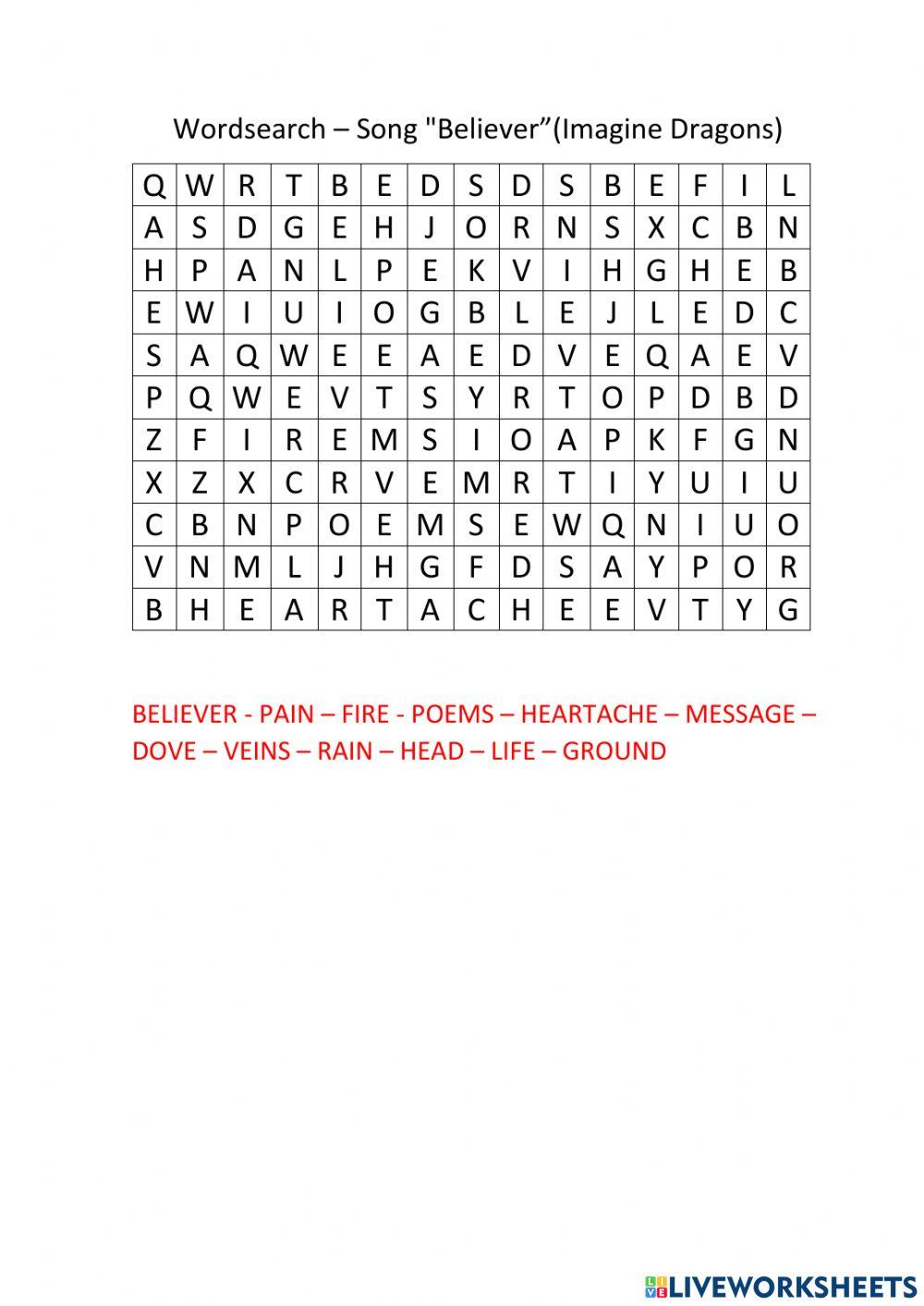 Wordsearch- song believer
