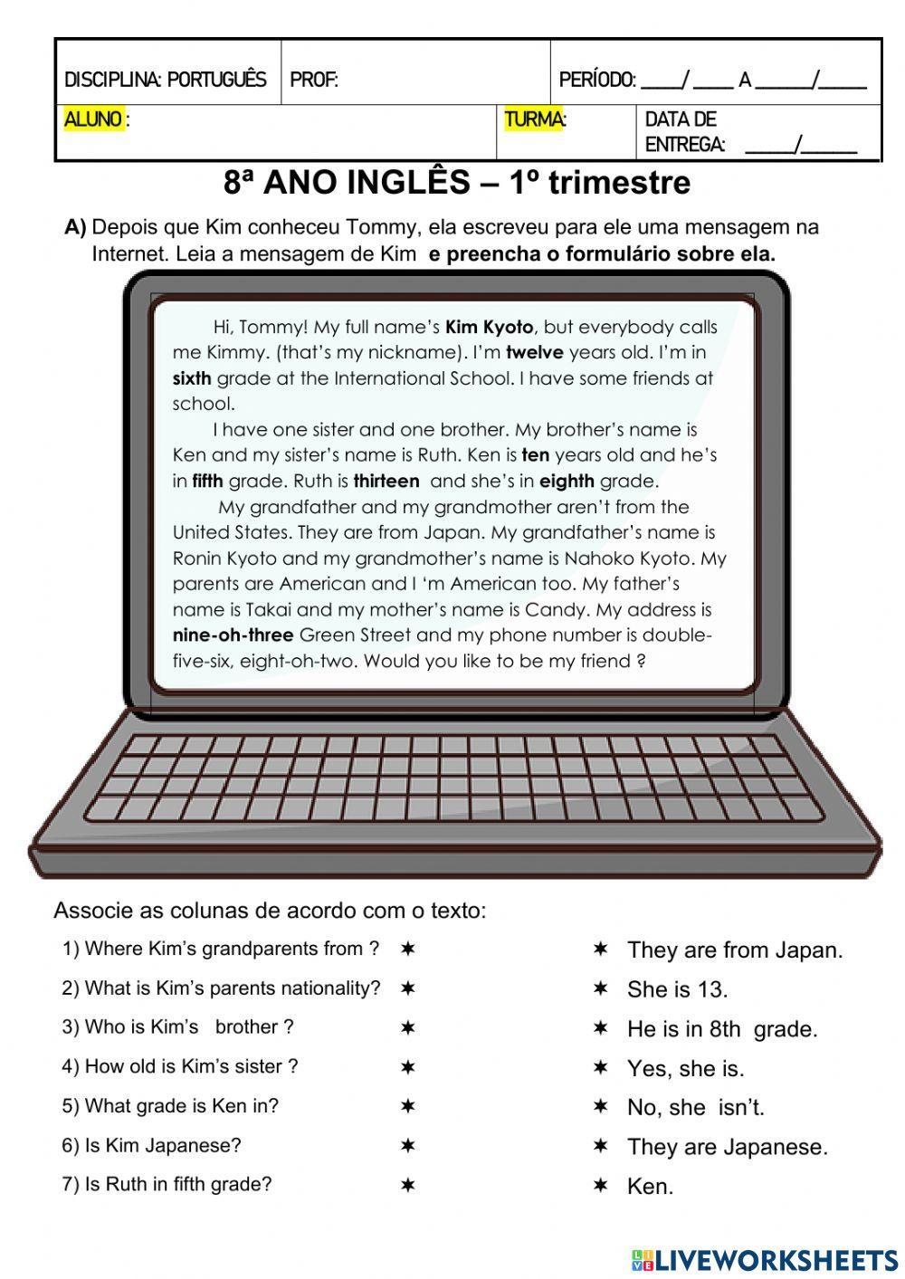 8 ano inglês junho 1