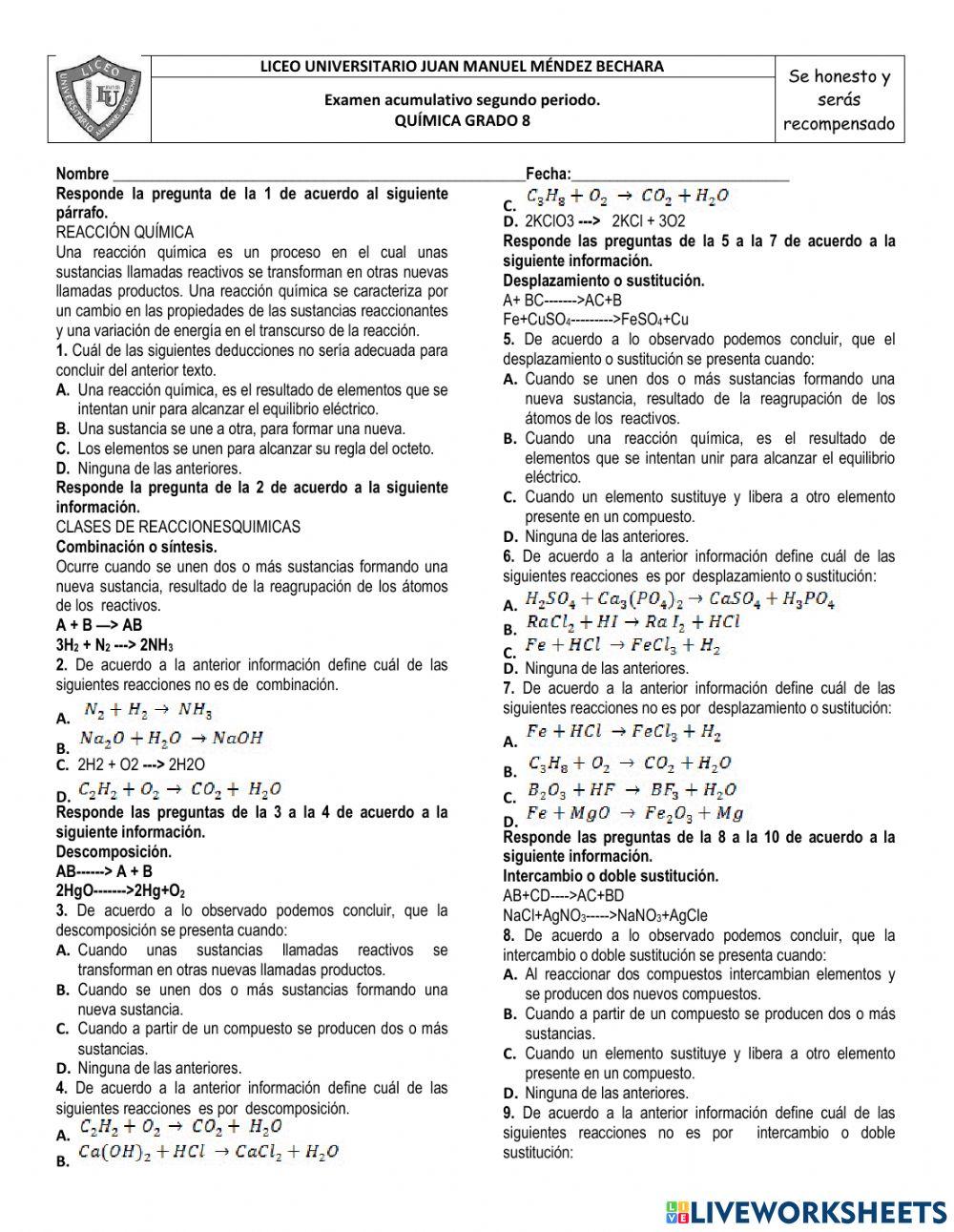 Examen acumulativo química grado 8 JMMB
