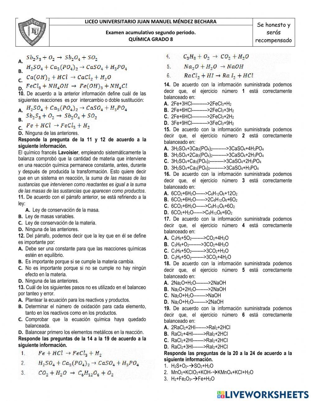 Examen acumulativo química grado 8 JMMB