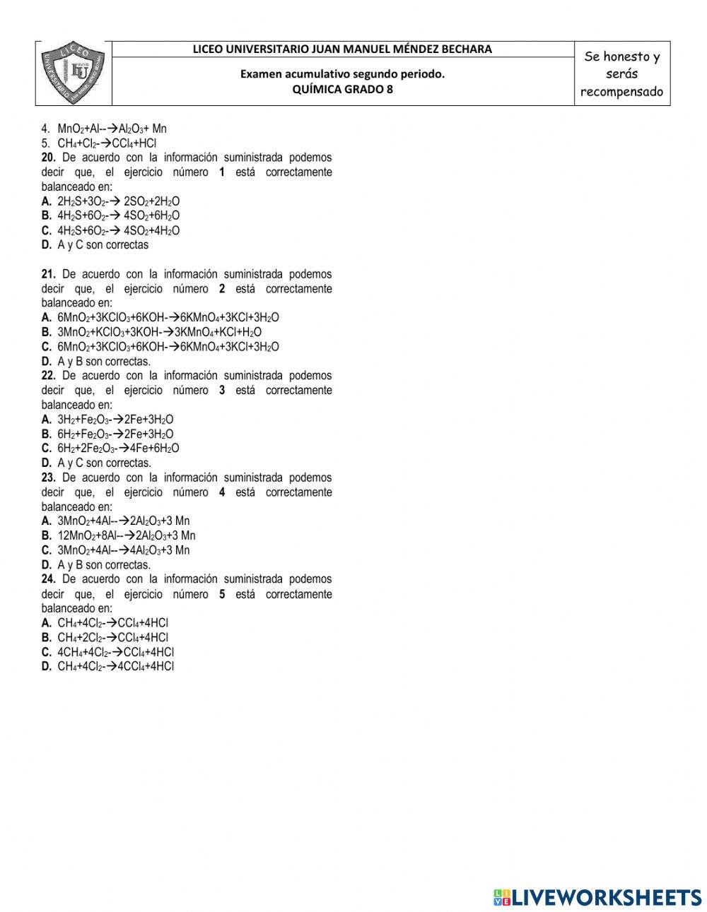 Examen acumulativo química grado 8 JMMB