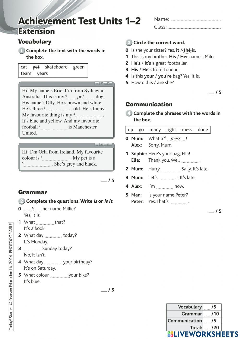 Today Starter- Achievement test Unit 1 and 2