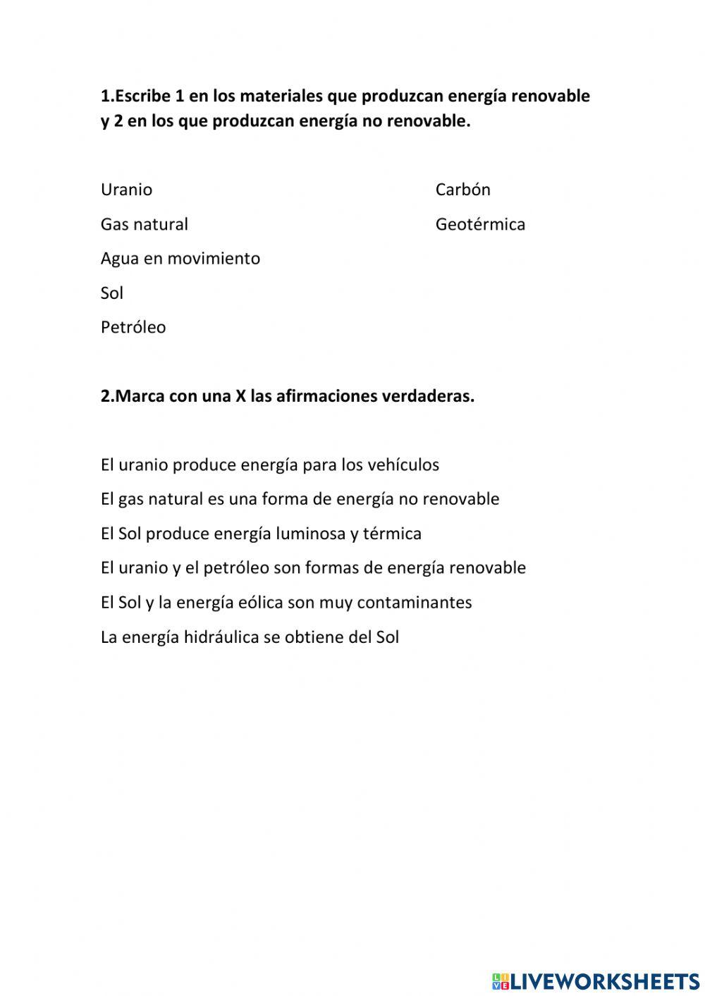 Ficha de las formas de energía renovables y no renovables