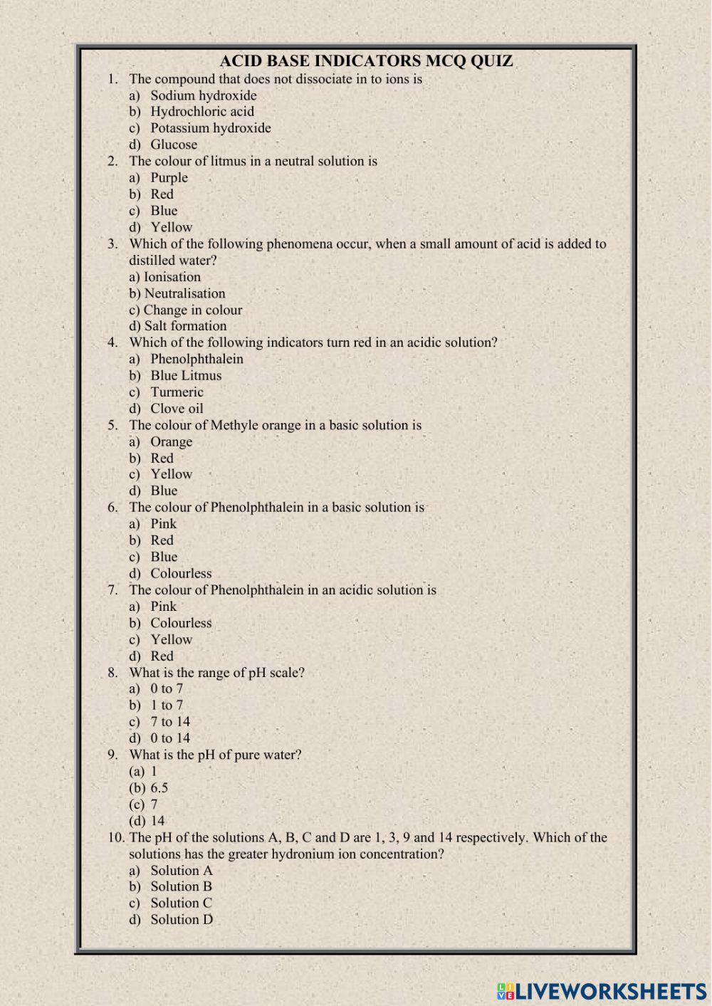 Quiz on acid base indicators worksheet Live Worksheets