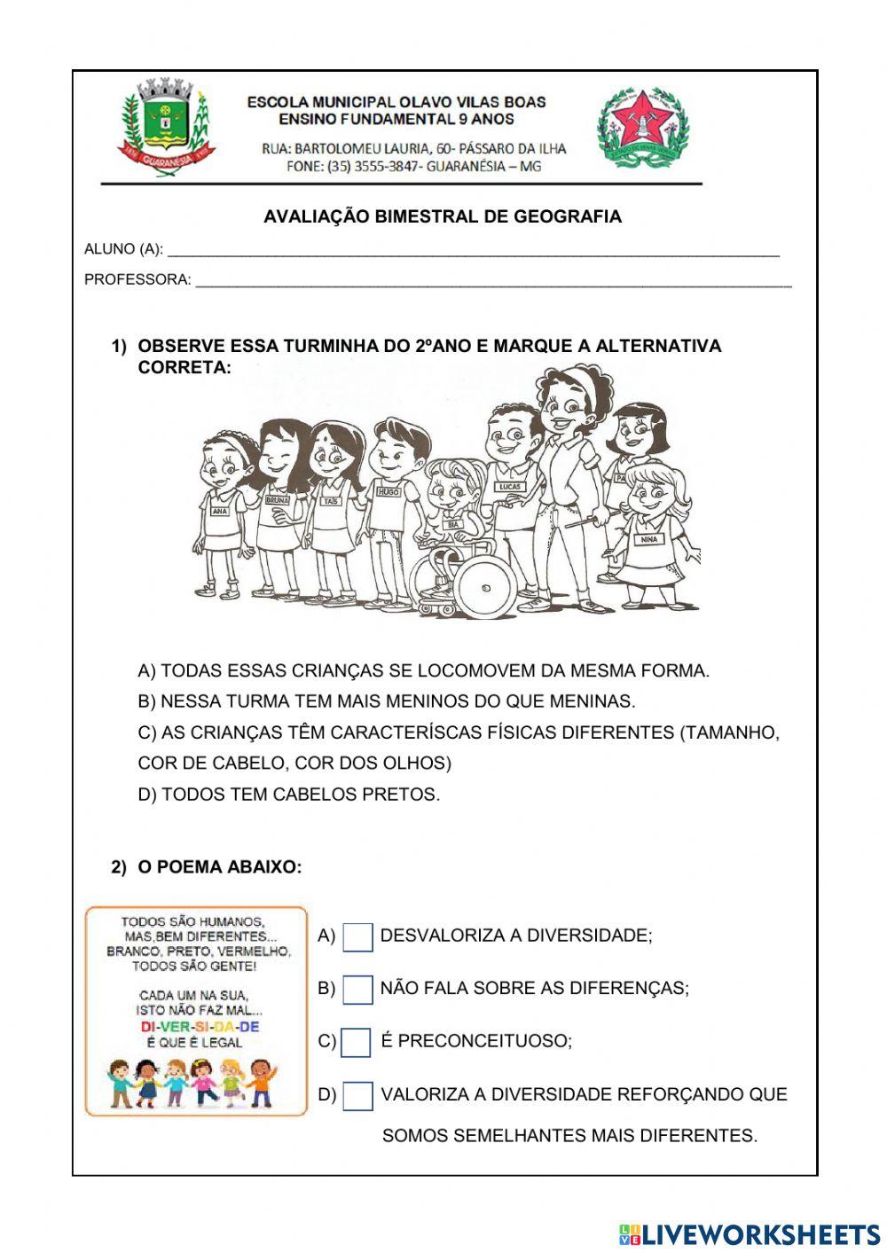 Avaliação Bimestral de Geografia