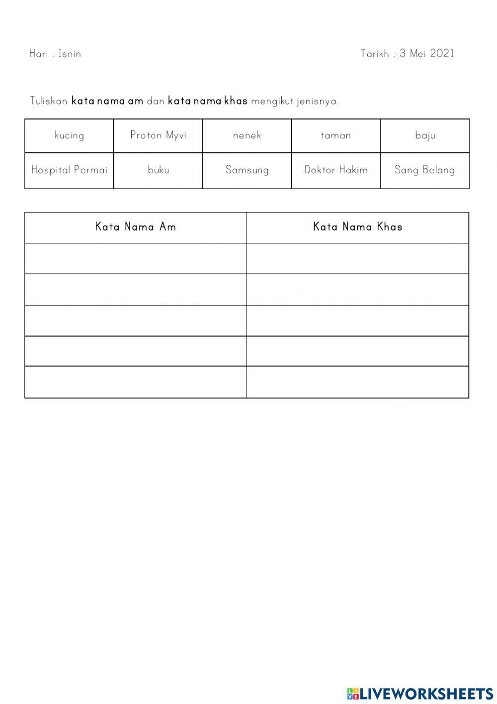 Kata Nama Am dan Kata Nama Khas Tahun 1