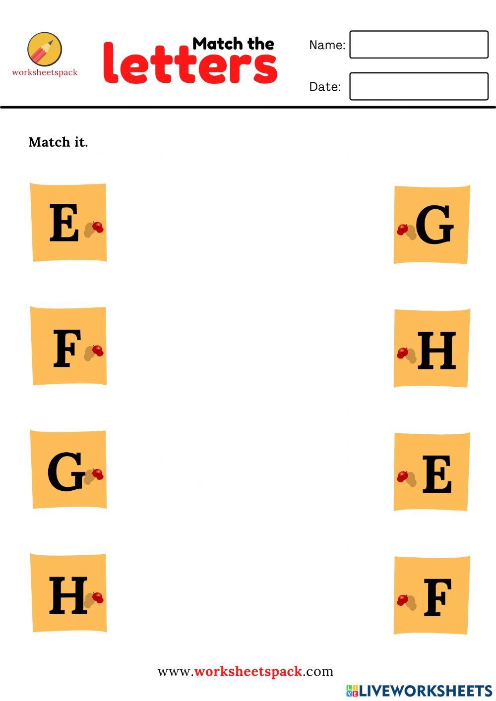 Alphabet matching worksheets - uppercase letters (E to H)