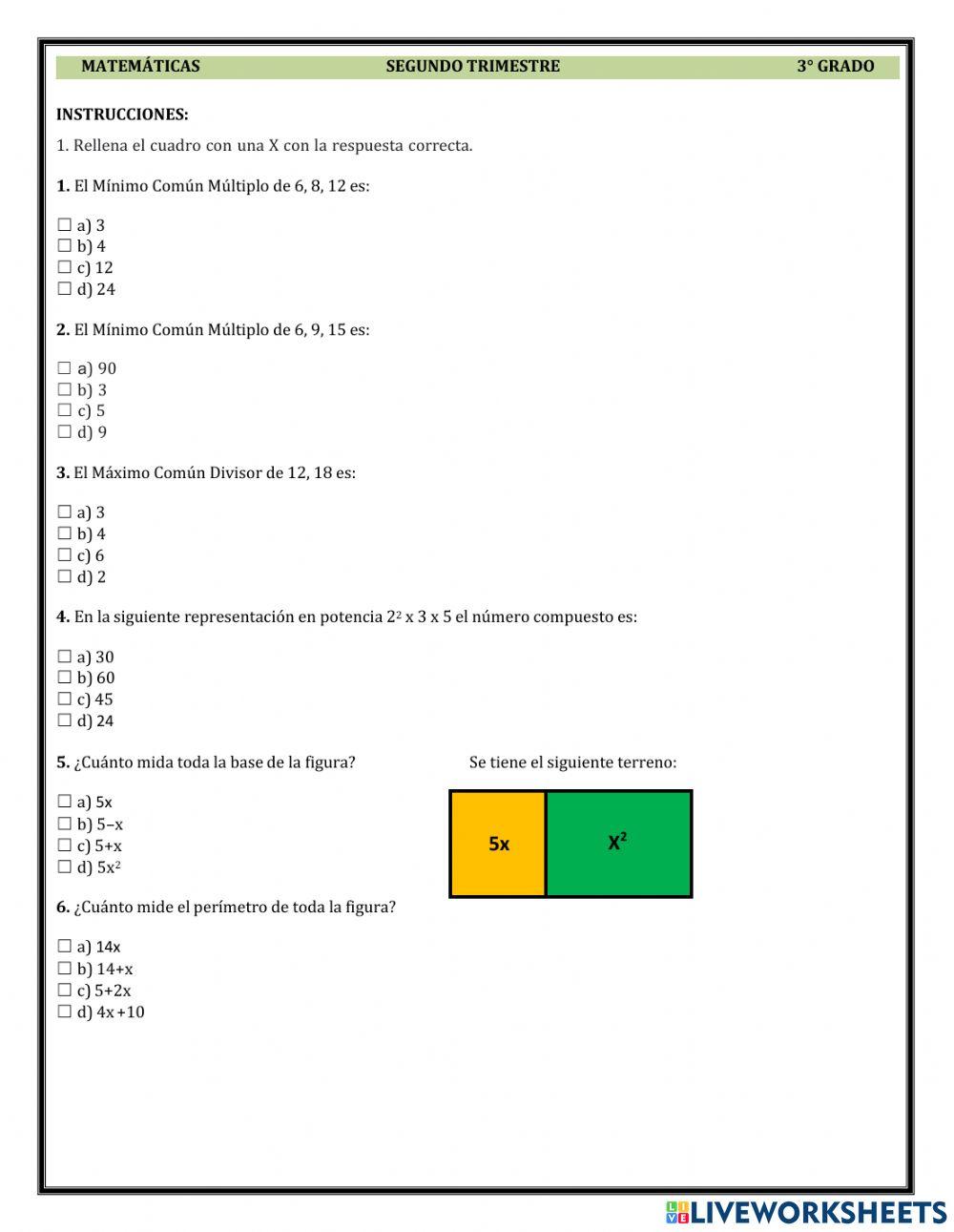 Evaluación Mate 2do Trim 3ero secundaria