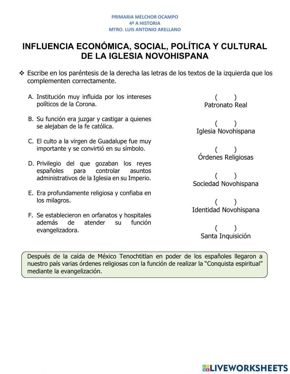 Influencia económica, social, política y cultural de la iglesia novohispana