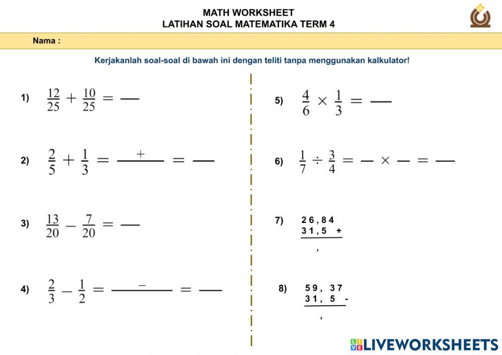 Latihan Soal Operasi Hitung Pecahan dan Desimal (Edmar dan Kenny)