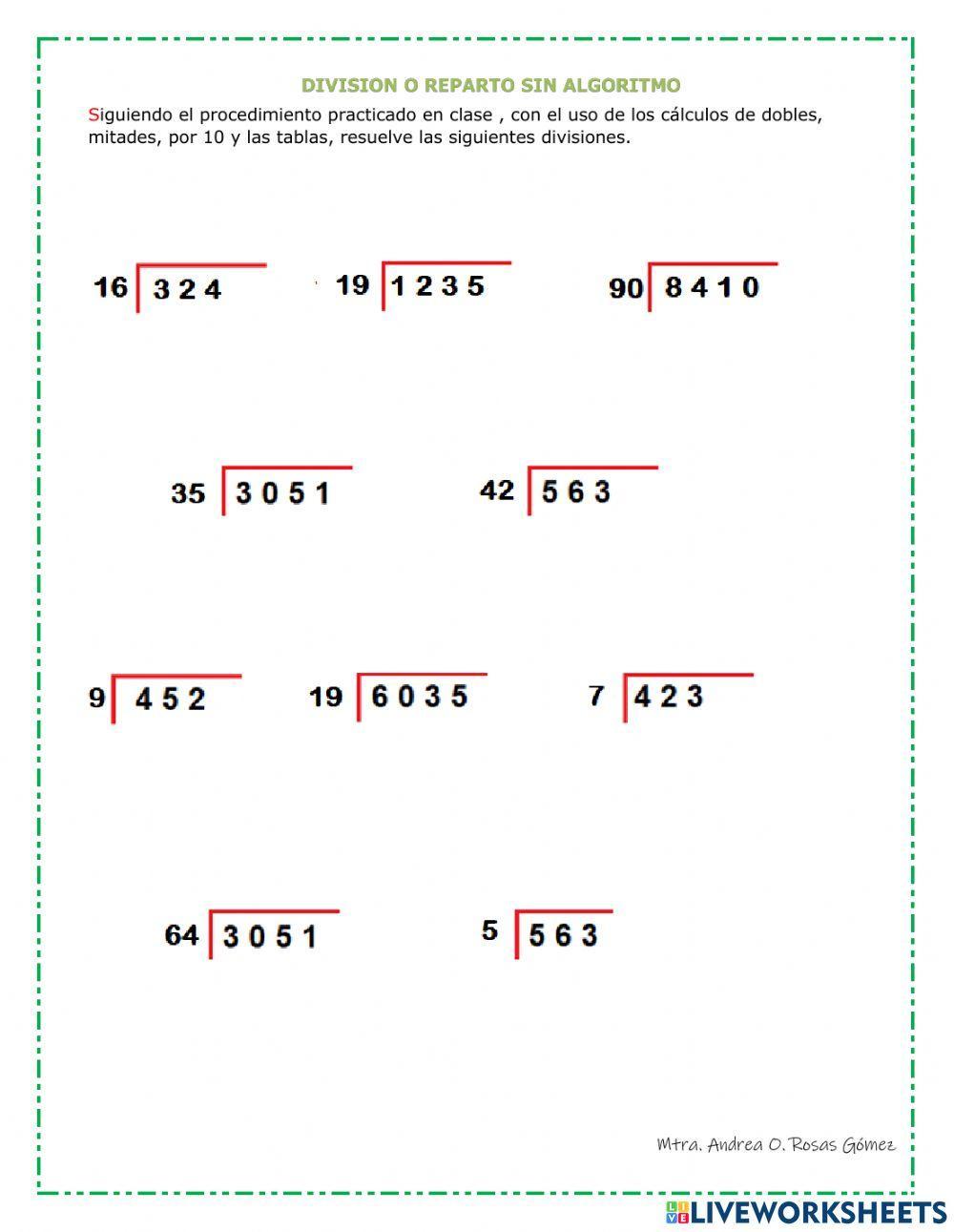 Ejercicio de divisiones de 1 y 2 cifras