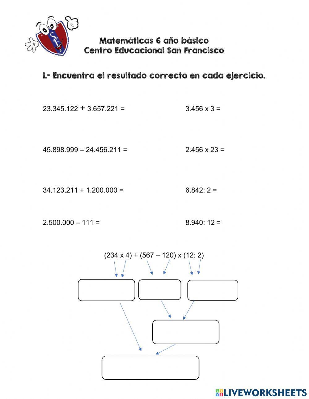Adición, Sustracción, Multiplicación, División, ejercicio combinado