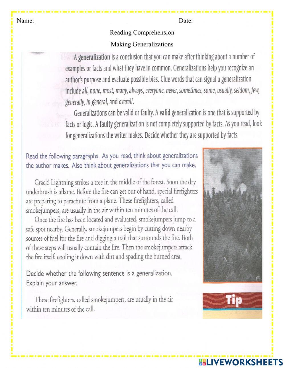 Making generalizations online exercise for live worksheets