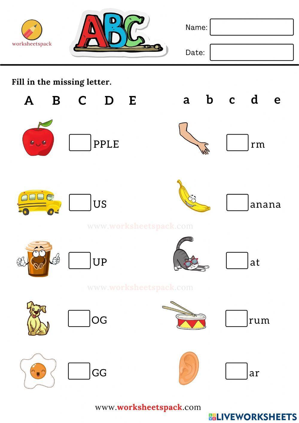 Fill in the missing letter worksheets A to E