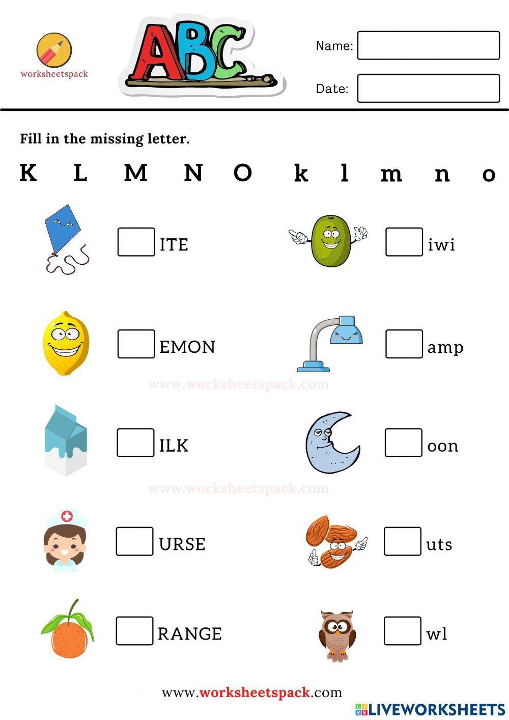 Fill in the missing letter worksheets K to O