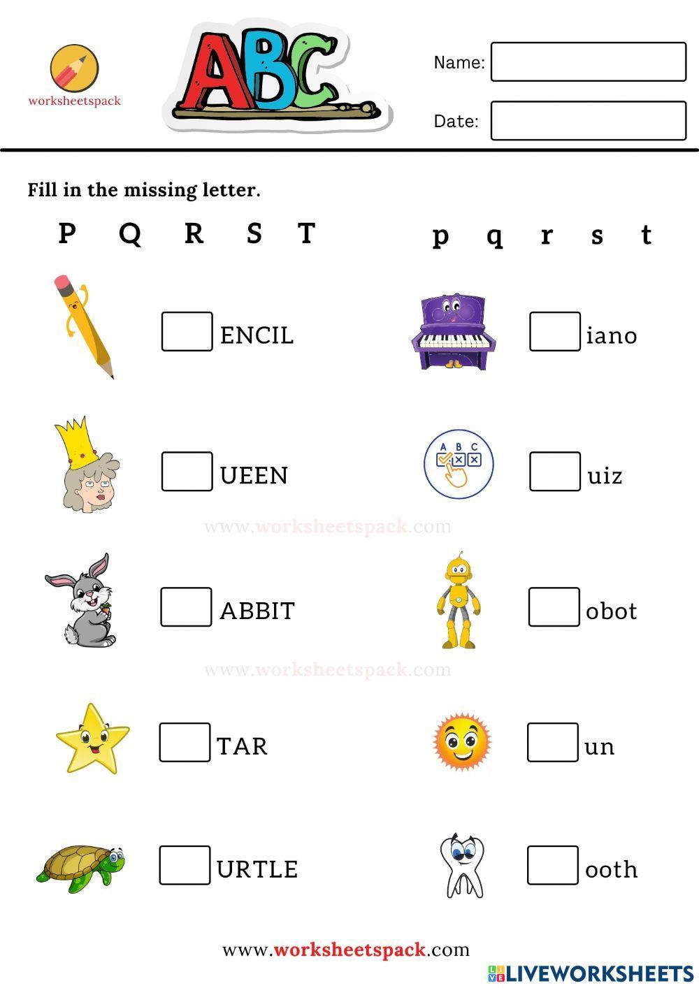 Fill in the missing letter worksheets P to T