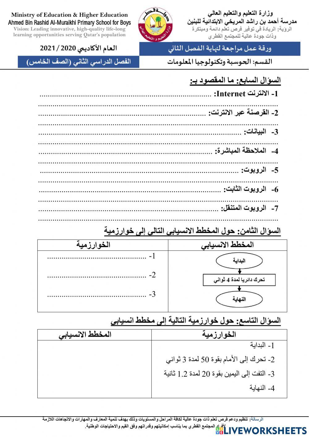 ورقة عمل مراجعة نهاية الفصل الثاني