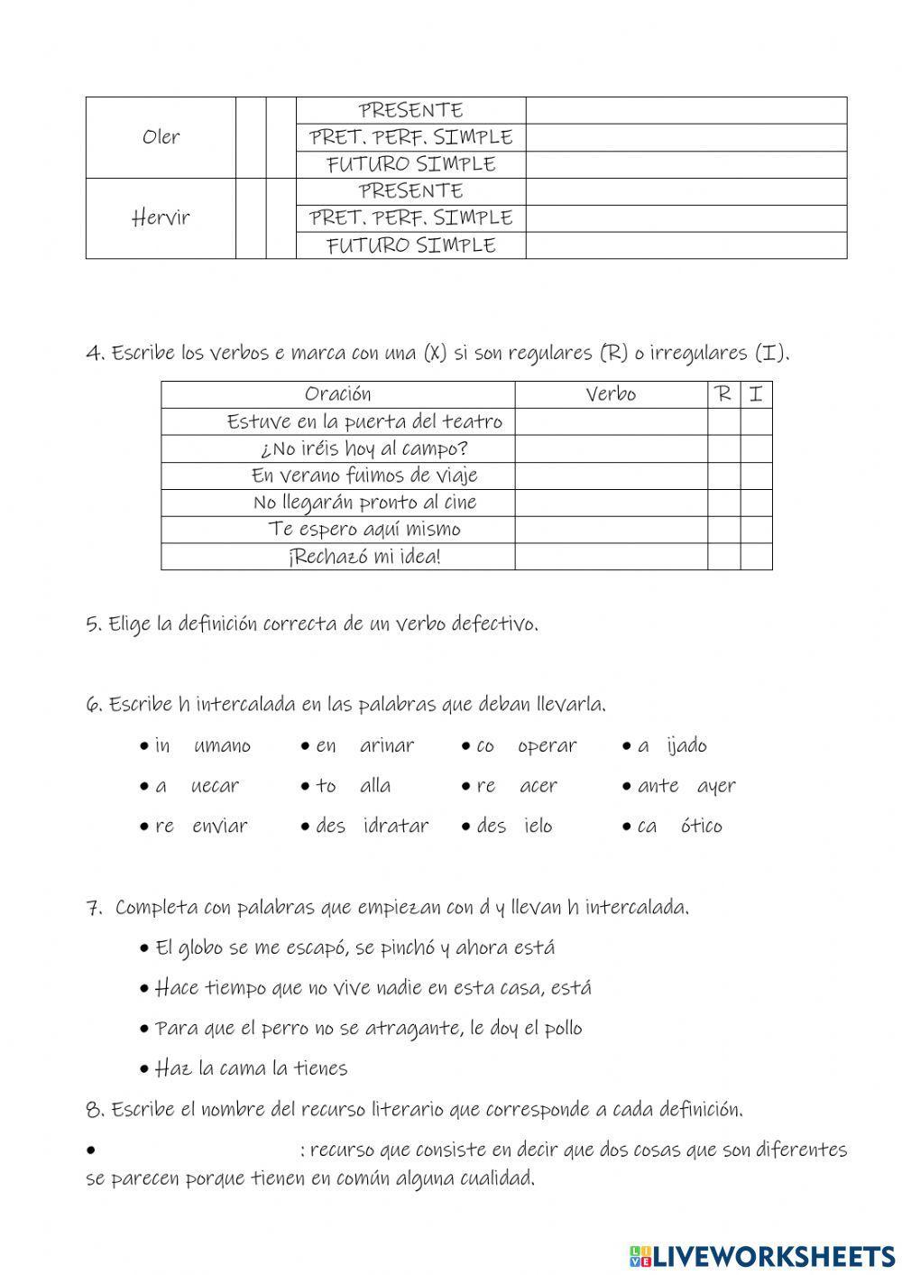Sufijos, Clases de verbos, H intercalada y recursos literarios