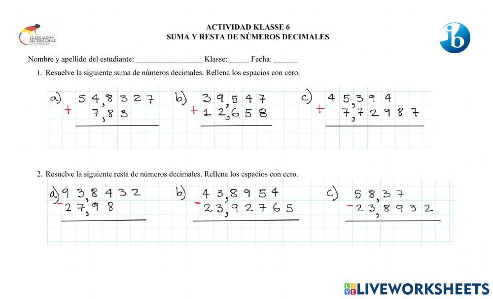 Suma y resta de números decimales.