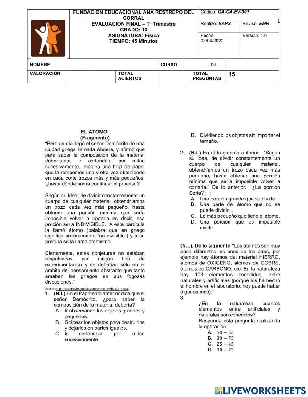 Examen final trimestre 1 Decimo worksheet | Live Worksheets