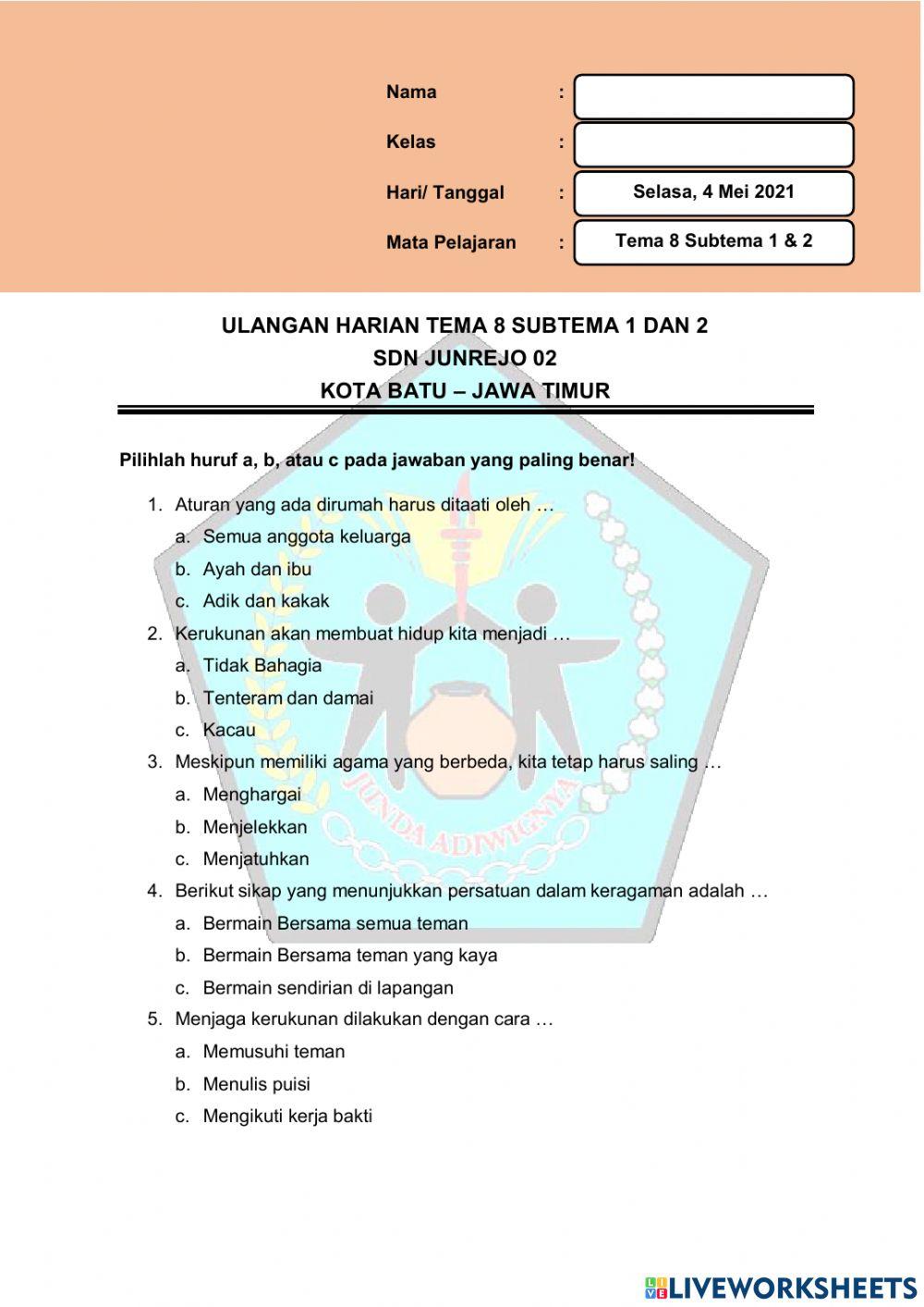 UH Kelas 2 SD Tema 8 Subtema 1 dan 2