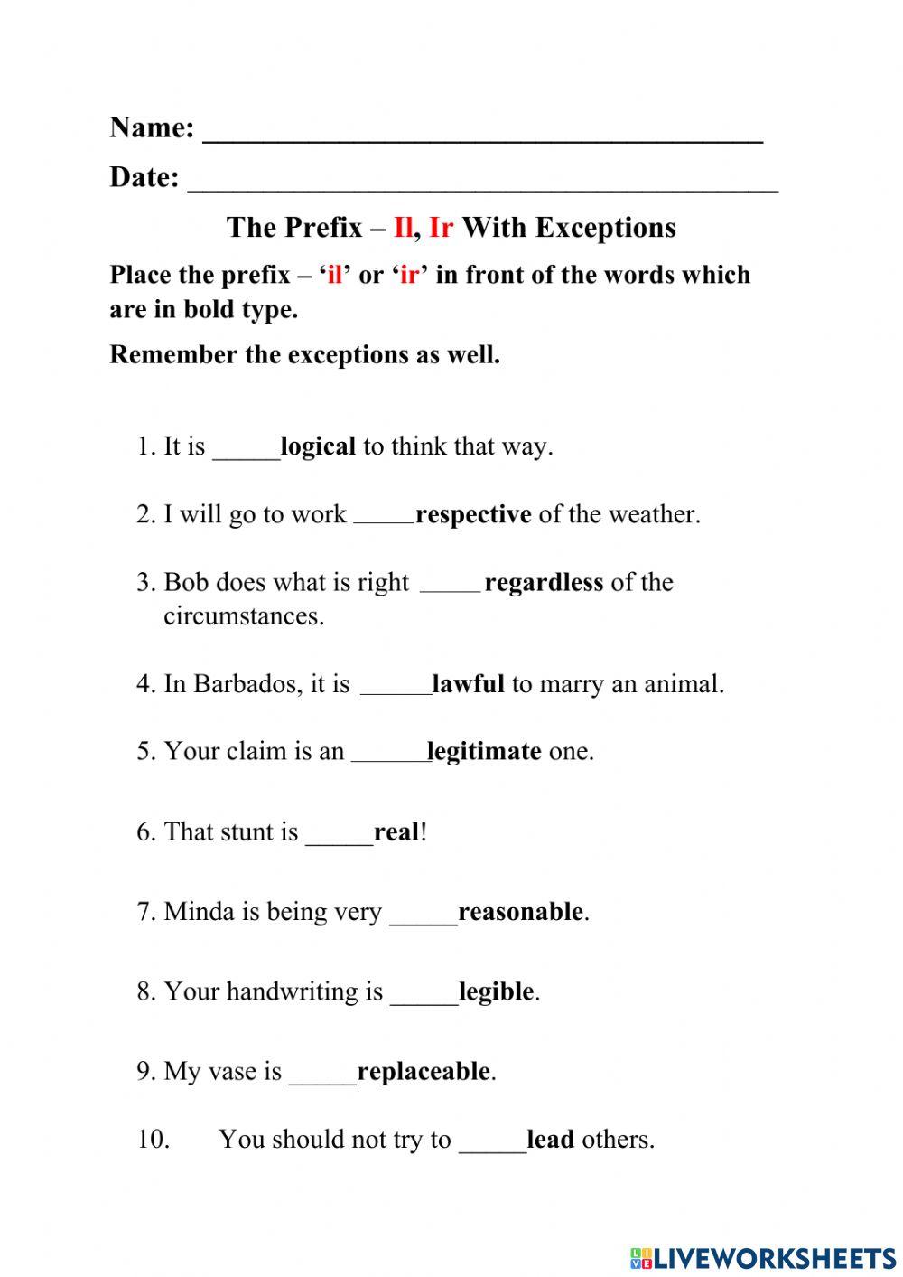 Prefixes - 'il,' 'ir' and 'un' With Exceptions