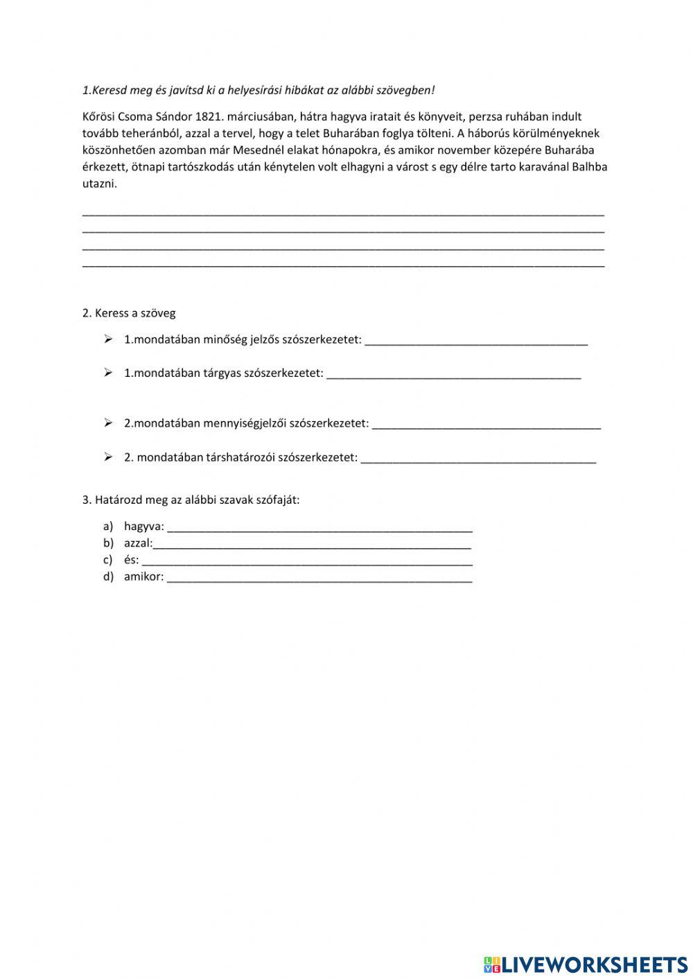 Mondattani és szófajtani feladatok