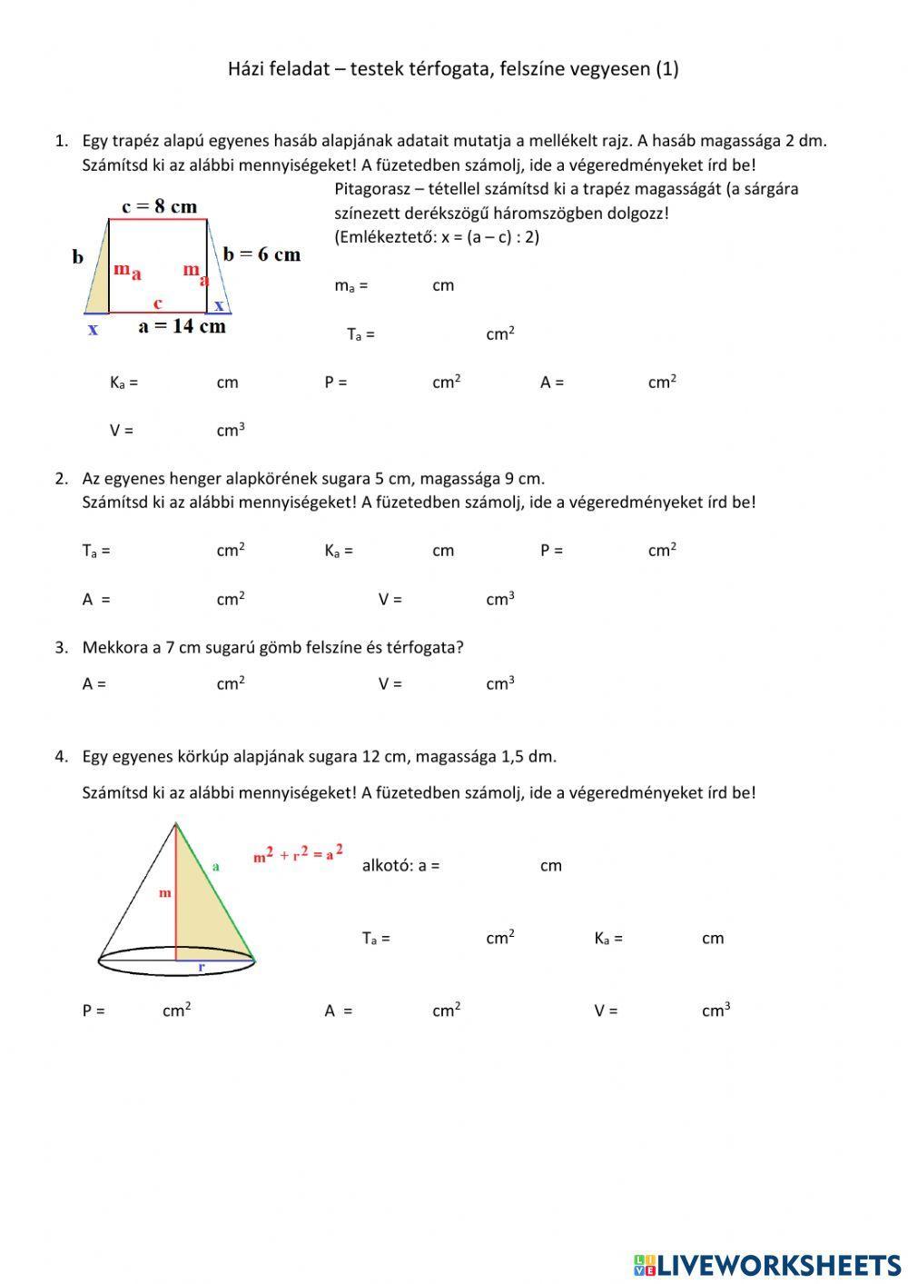Házi feladat - testek térfogata, felszíne (1)