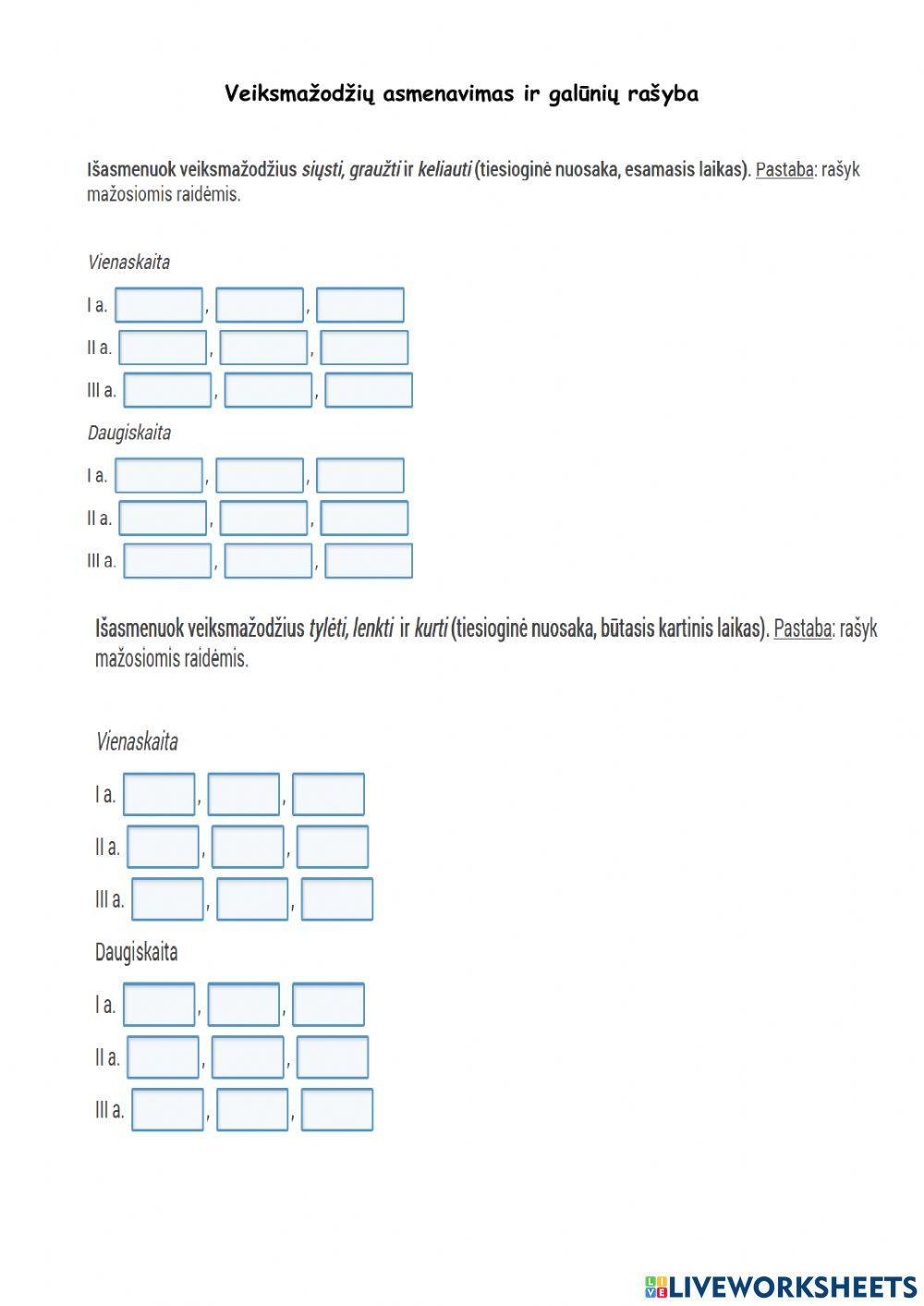 Veiksmažodžių asmenavimas ir galūnių rašyba.