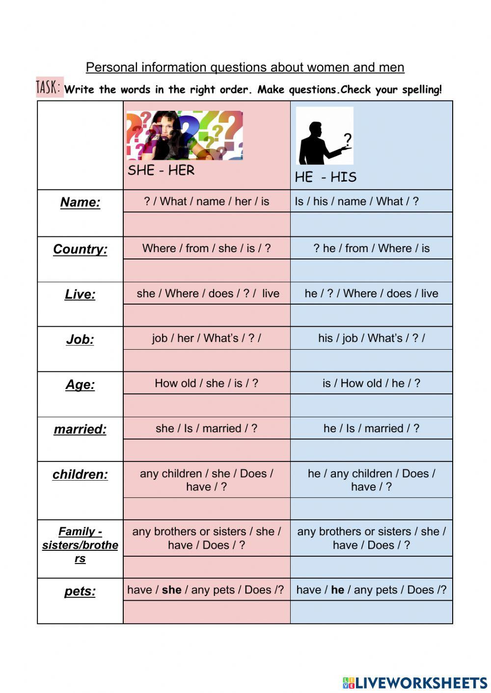 E1 personal information questions worksheet | Live Worksheets