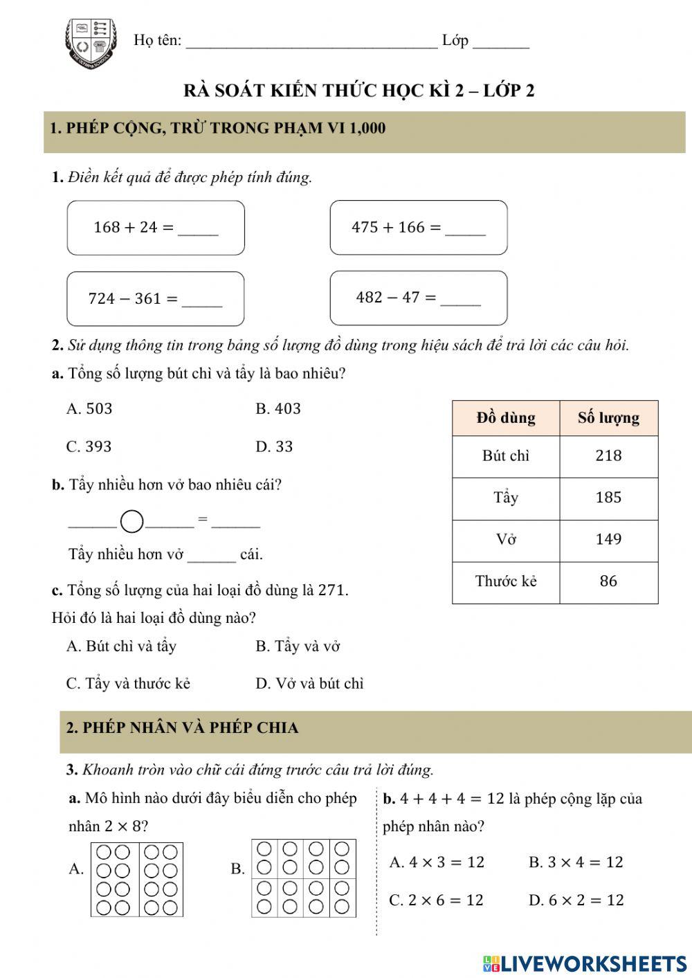 Rà  soát  học  kì 2 môn  Toán  lớp  2