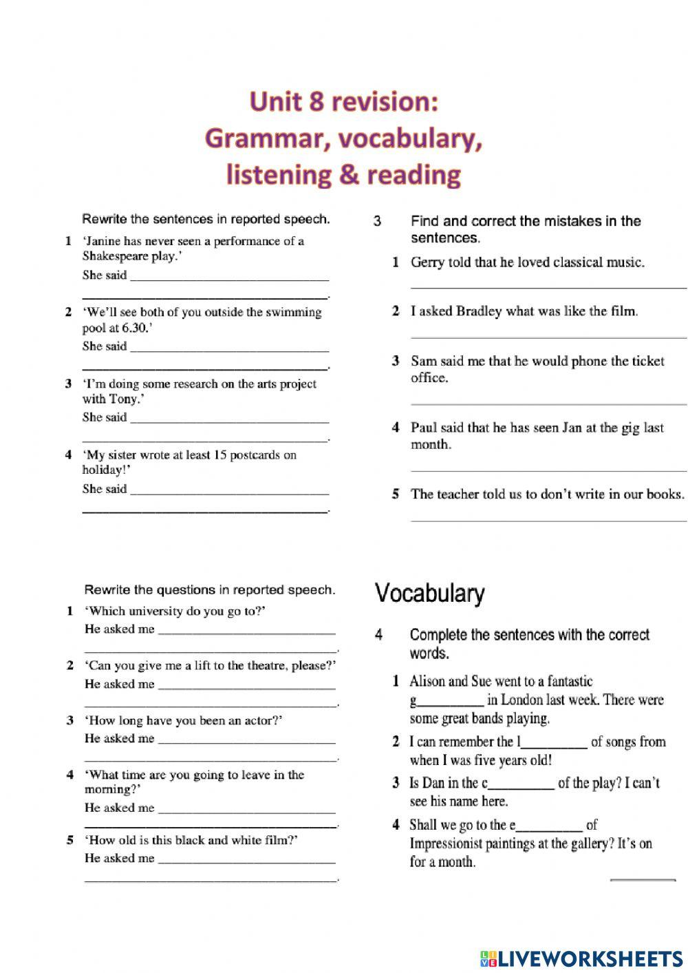 Grammar and vocabulary revision unit 8