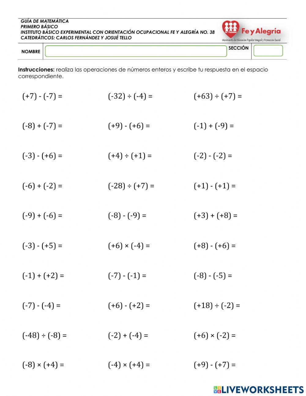 Operaciones Básicas con Números Enteros