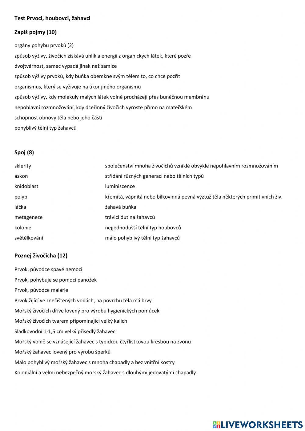 Test Prvoci, Houbovci, Žahavci