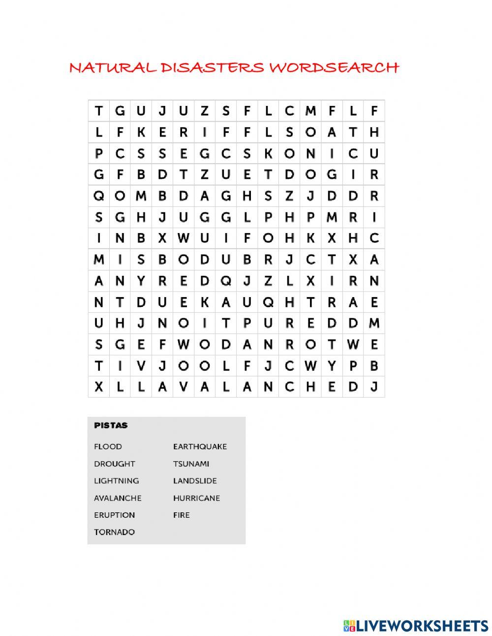 Natural disasters wordsearch