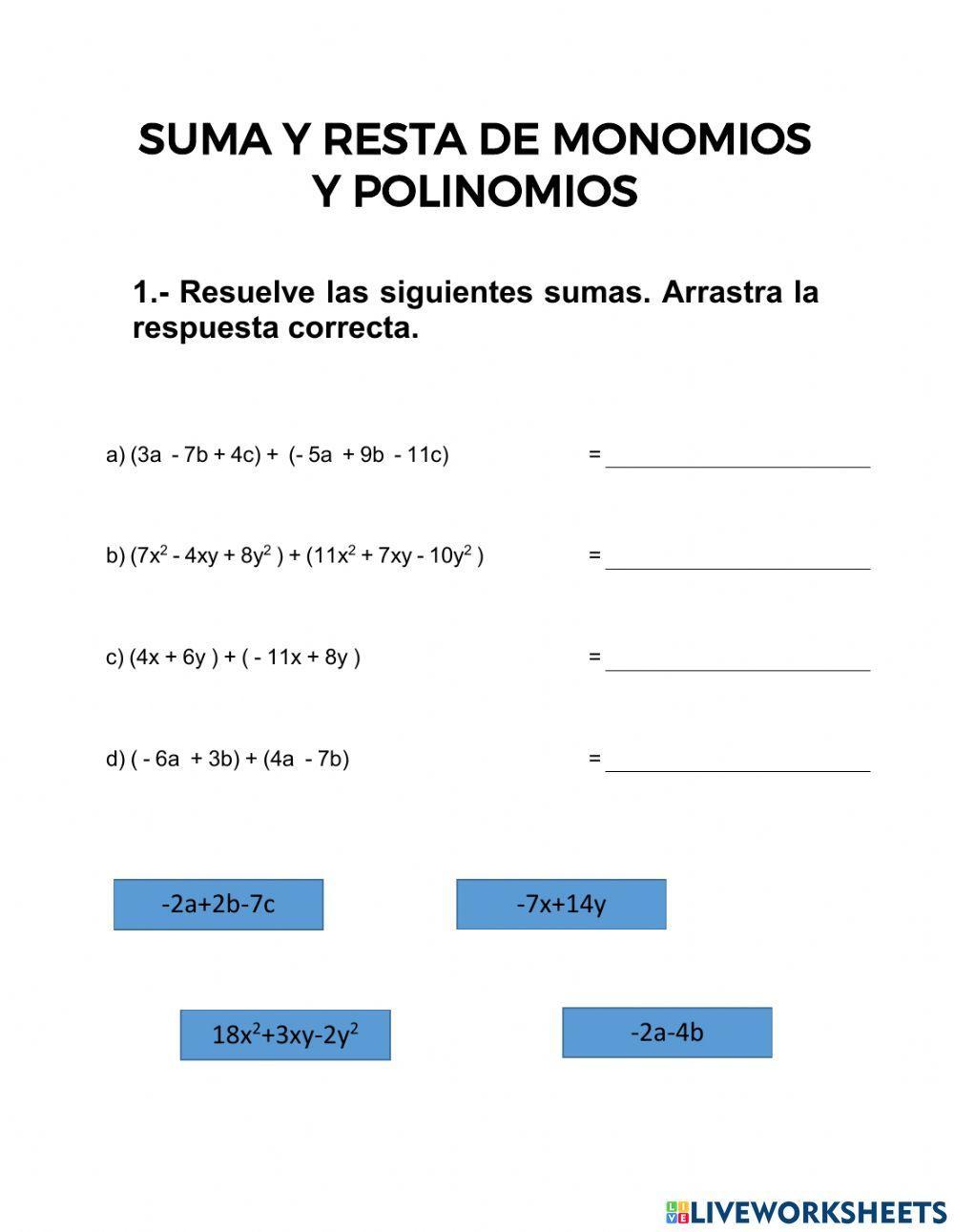 Suma de monomios y polinomios