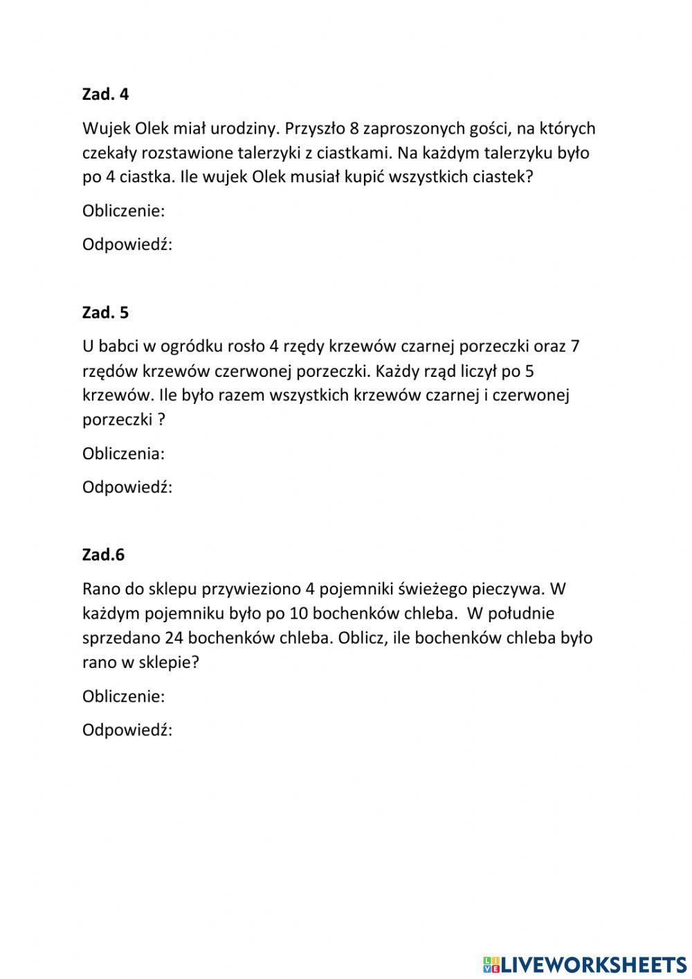 Mnożenie i dzielenie zadania z treścia