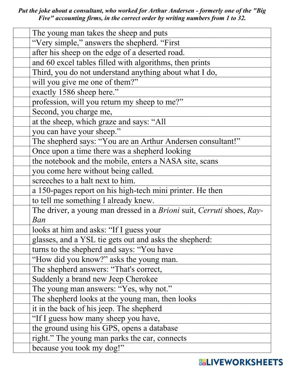 Arrange a joke about an Arthur Andersen consultant worksheet Live