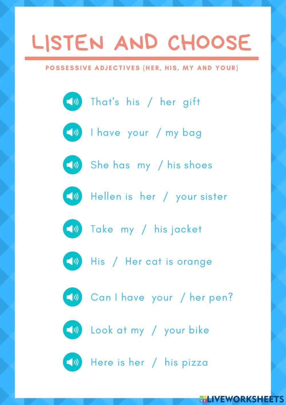 Possessive adjectives. His, her, my and your