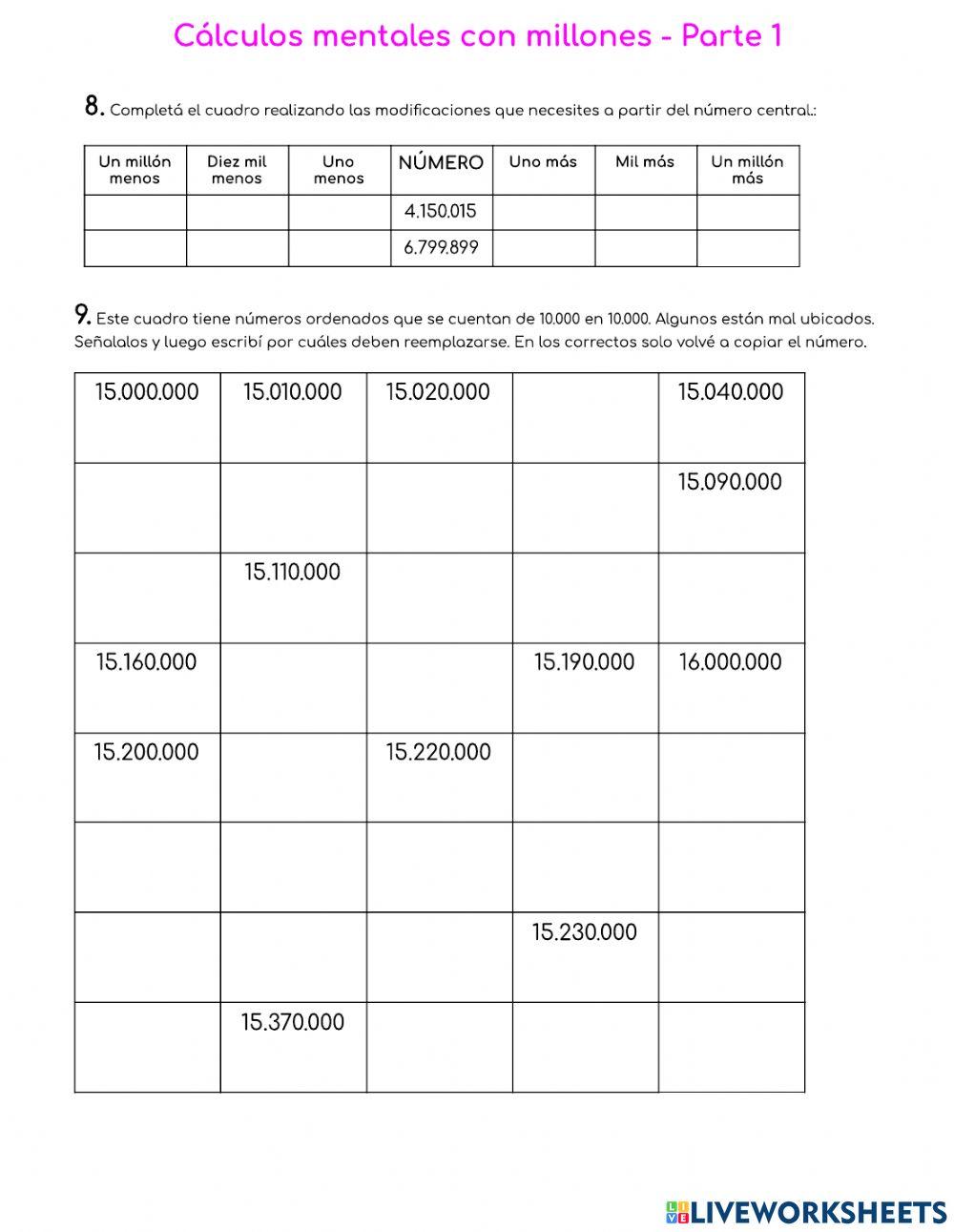 Calculos mentales con millones