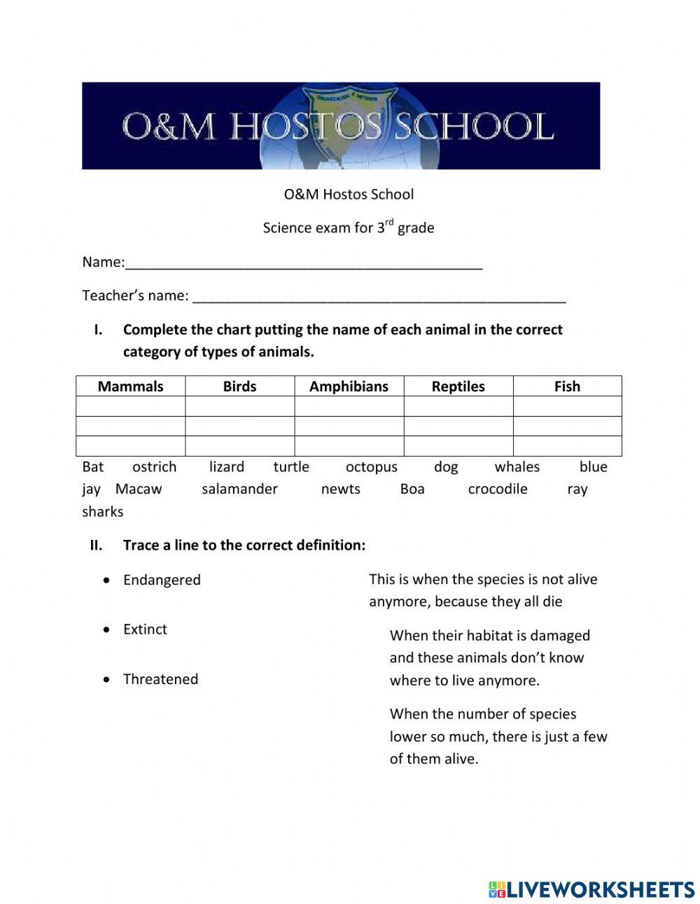 Science test for 3rd grade