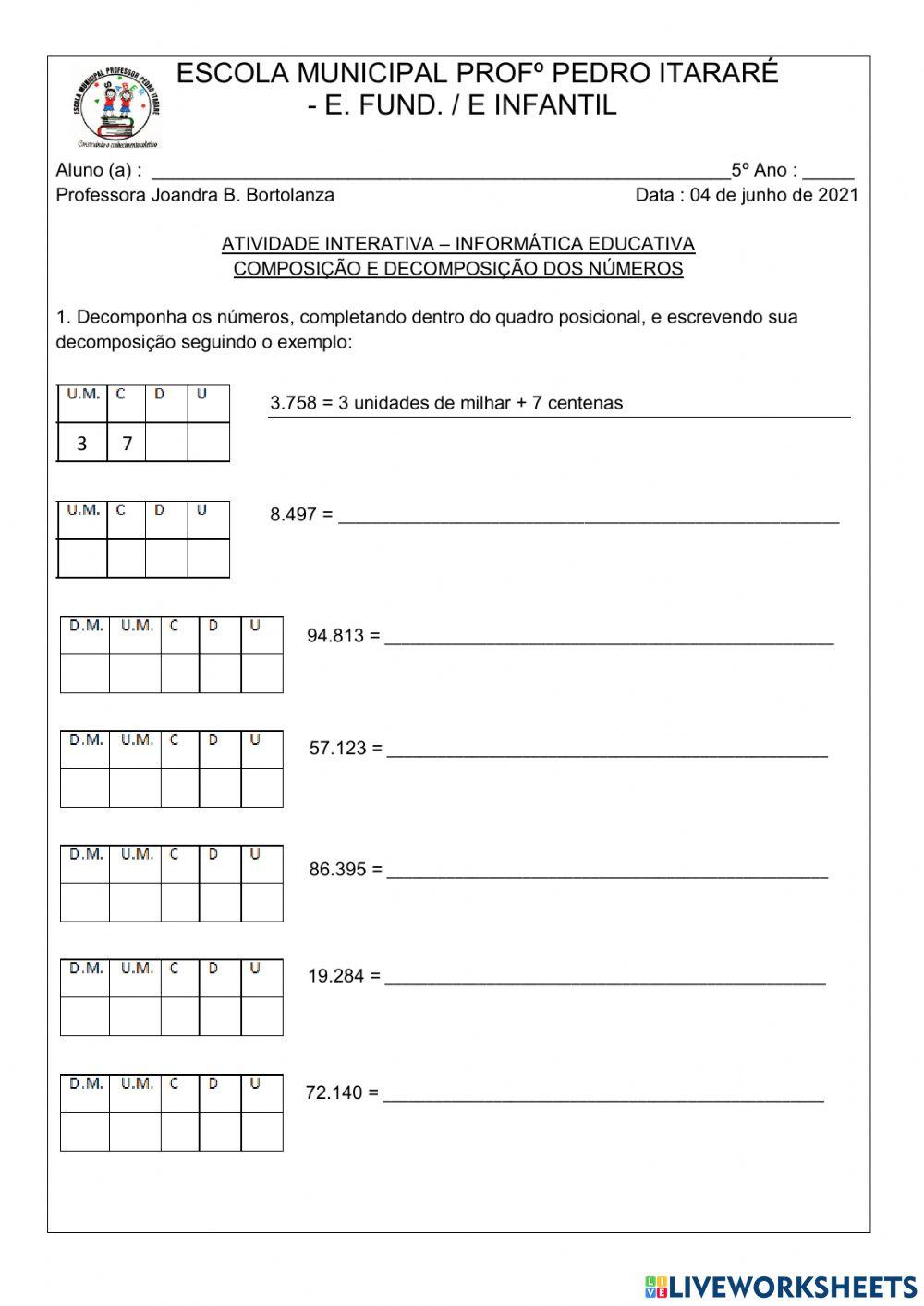 COMPOSIÇÃO E DECOMPOSIÇÃO 5º ANO