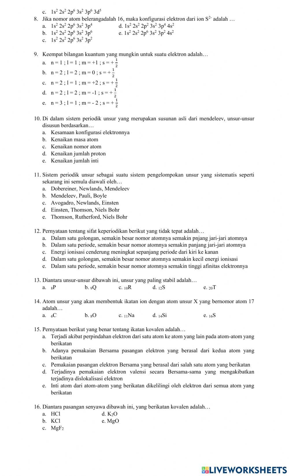 Latihan Soal kimia kelas X Mia