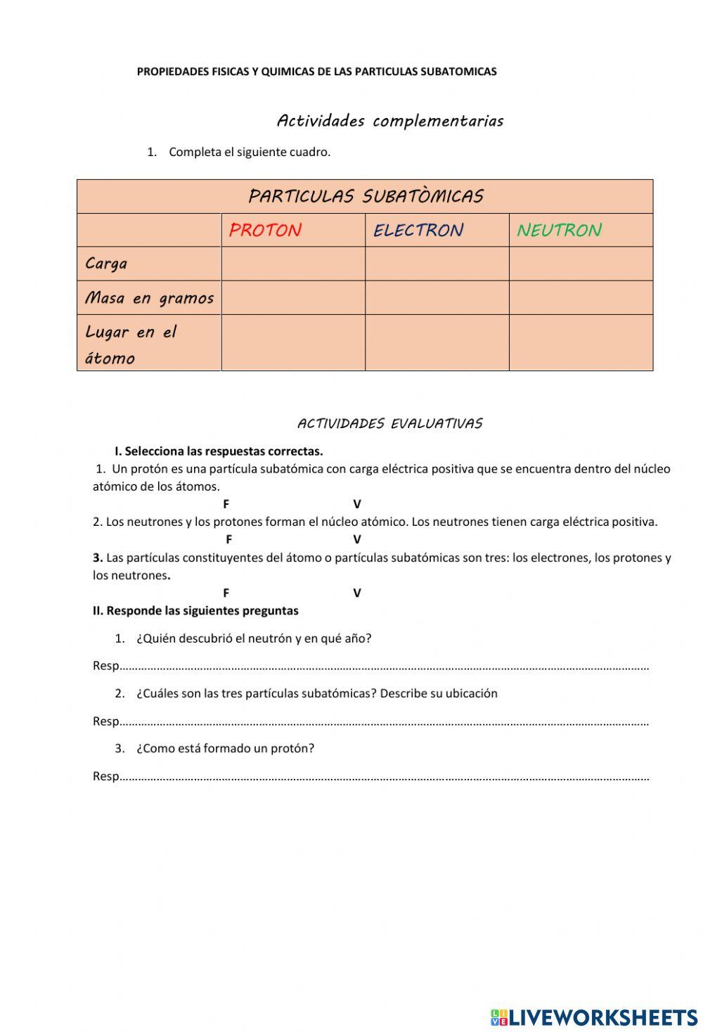 Propiedades fisicas y quimicas de las partícula subatómica