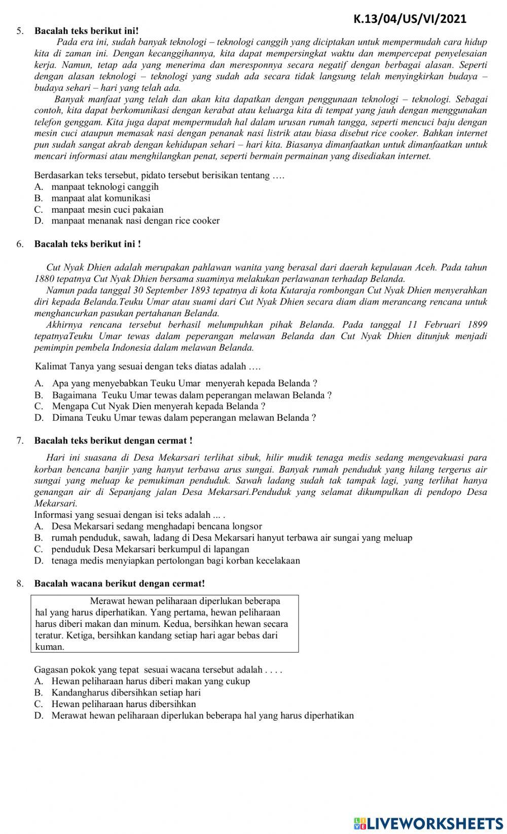 Soal Ujian Sekolah Bahasa Indonesia