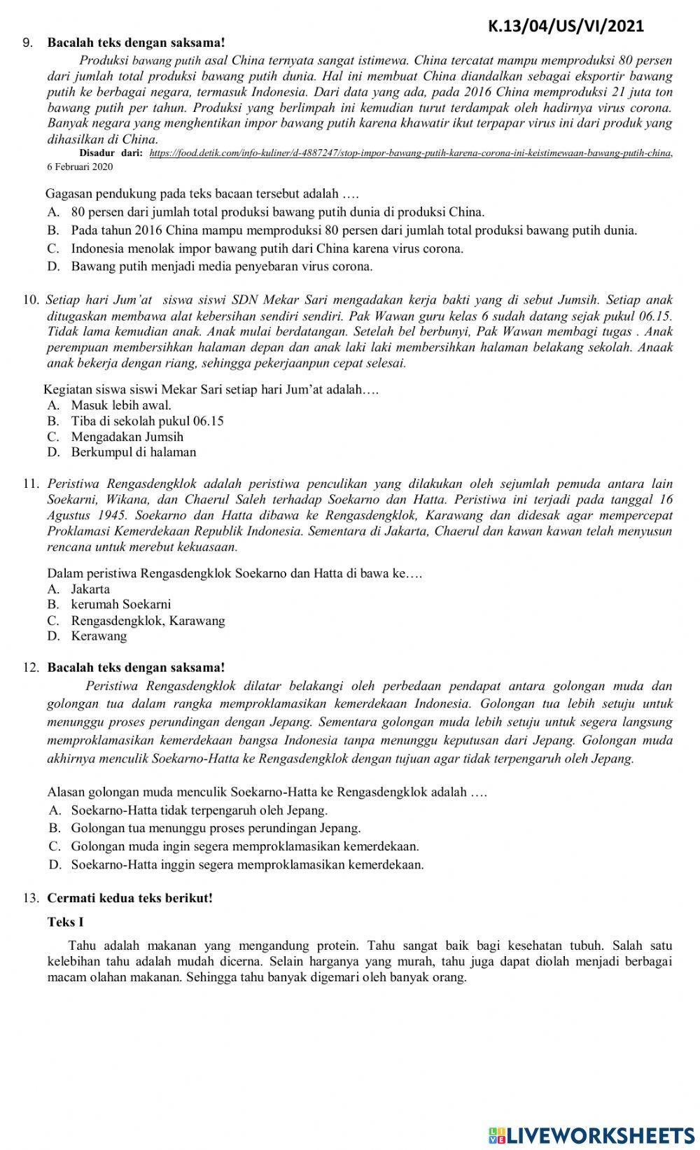 Soal Ujian Sekolah Bahasa Indonesia