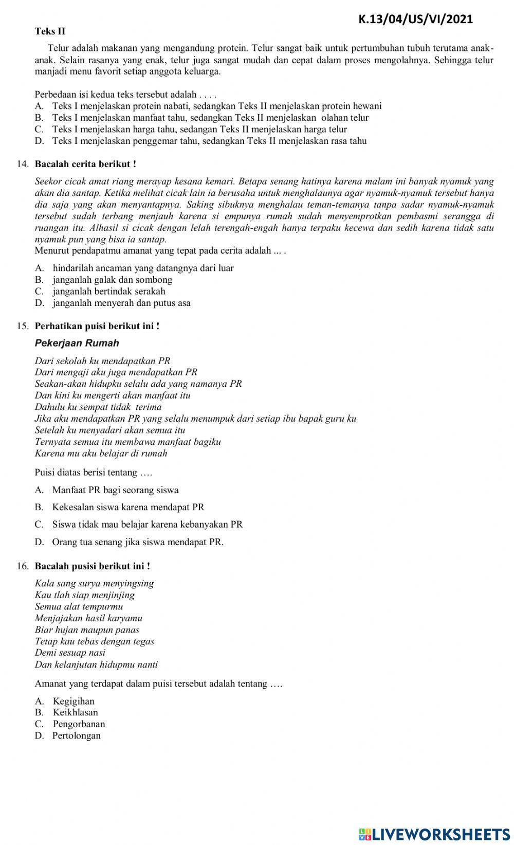 Soal Ujian Sekolah Bahasa Indonesia