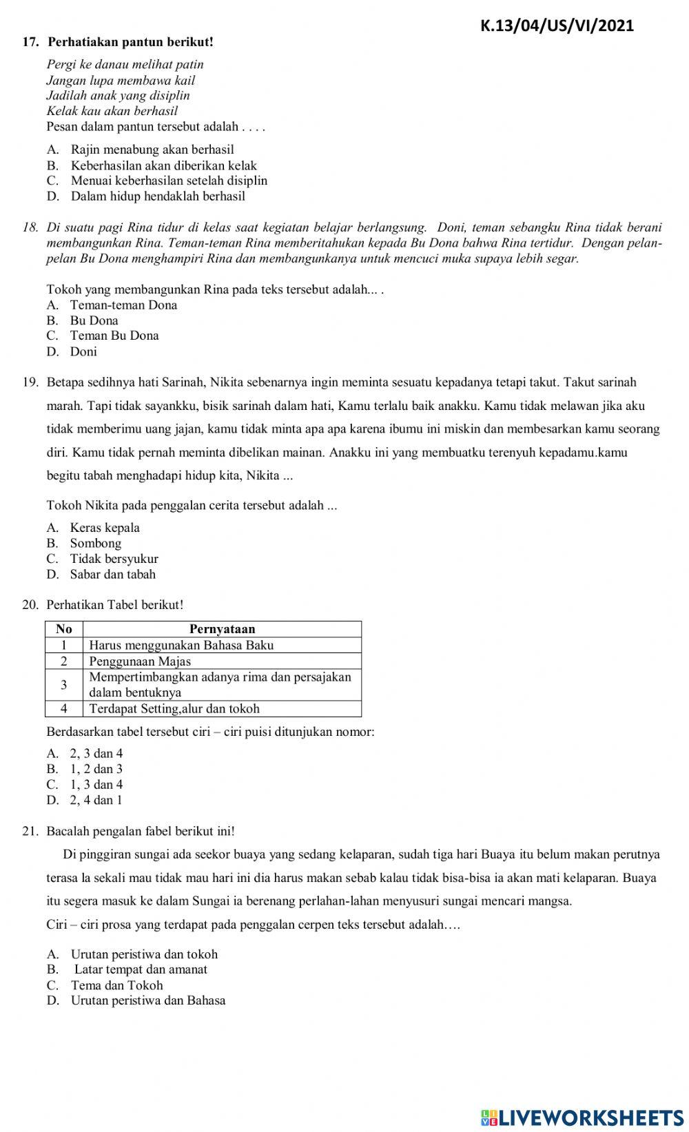 Soal Ujian Sekolah Bahasa Indonesia