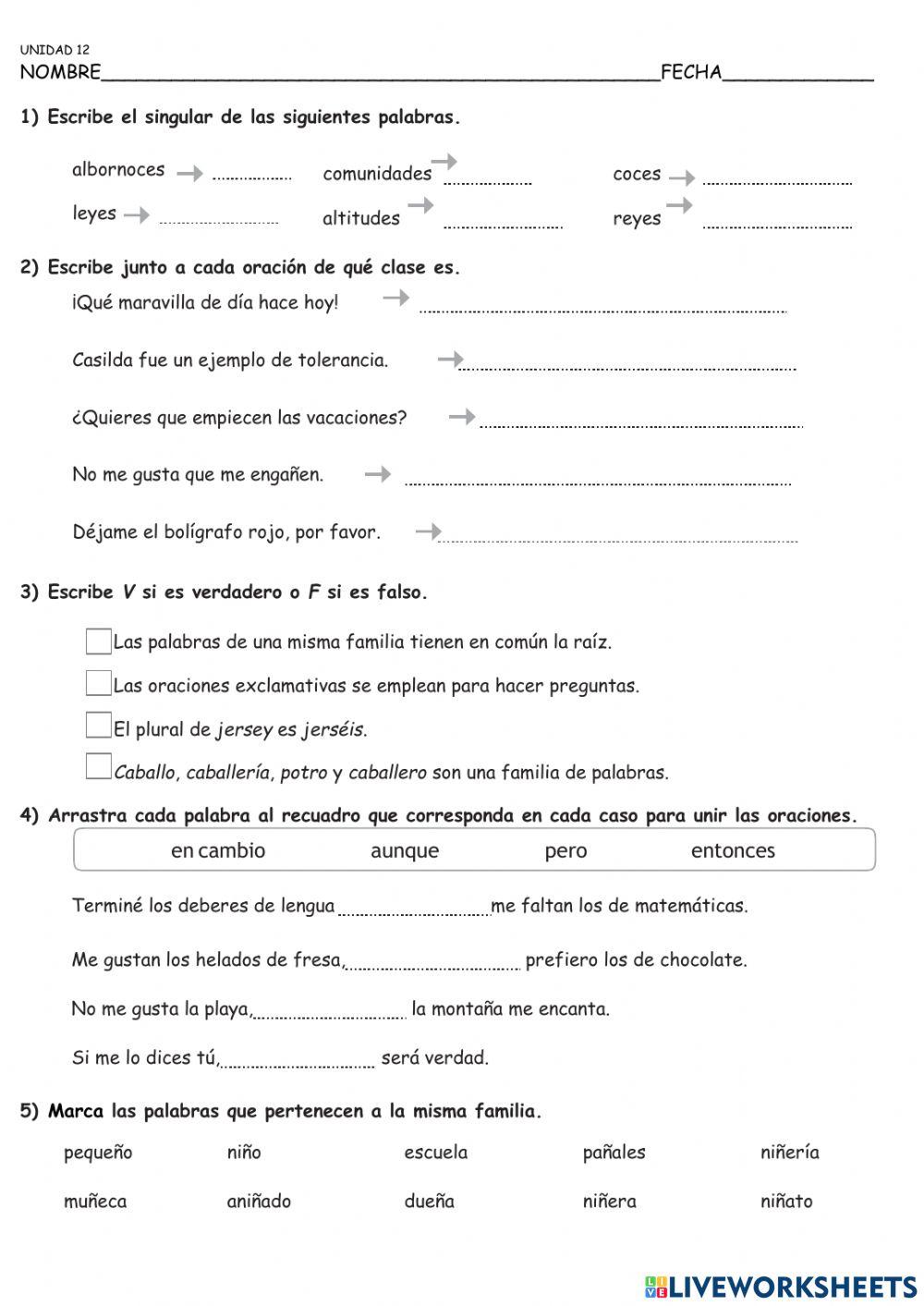 Evaluación de la unidad 12 de lengua